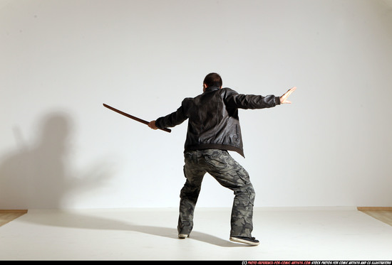 Man Adult Athletic White Fighting with sword Moving poses Casual