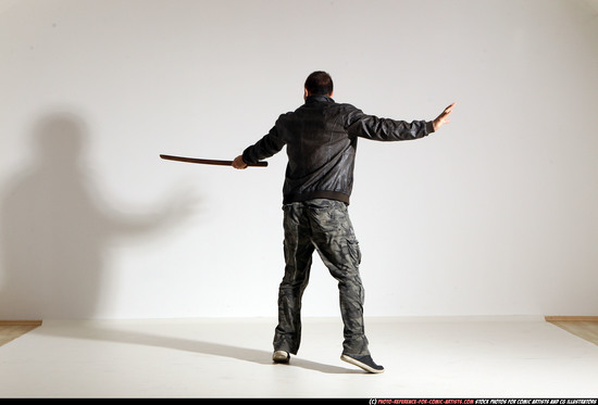 Man Adult Athletic White Fighting with sword Moving poses Casual