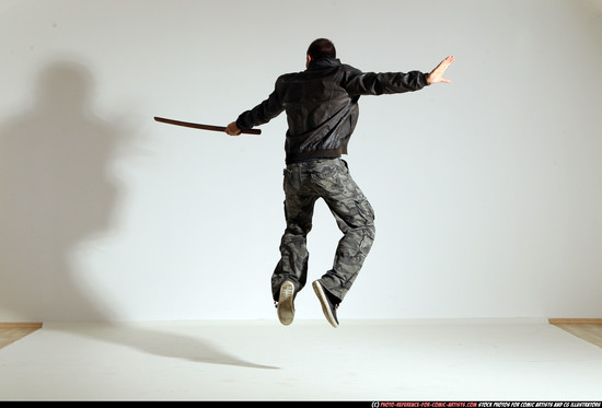 Man Adult Athletic White Fighting with sword Moving poses Casual