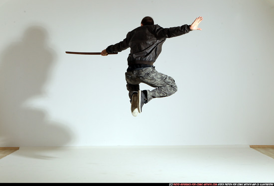 Man Adult Athletic White Fighting with sword Moving poses Casual