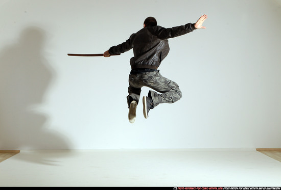 Man Adult Athletic White Fighting with sword Moving poses Casual