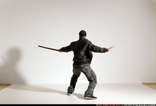 Man Adult Athletic White Fighting with sword Moving poses Casual