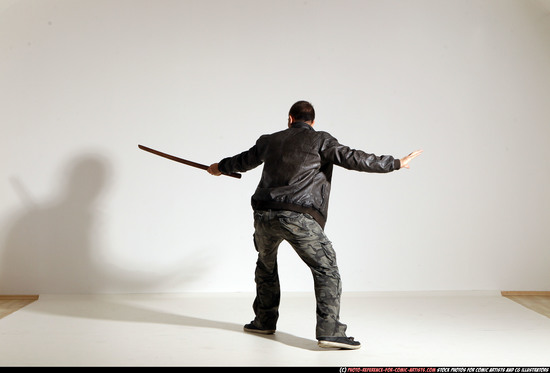 Man Adult Athletic White Fighting with sword Moving poses Casual