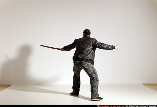 Man Adult Athletic White Fighting with sword Moving poses Casual