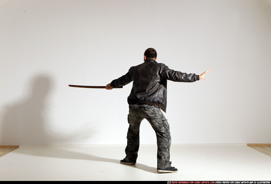 Man Adult Athletic White Fighting with sword Moving poses Casual