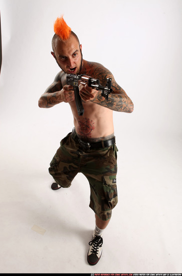 Man Adult Athletic White Fighting with submachine gun Standing poses Pants