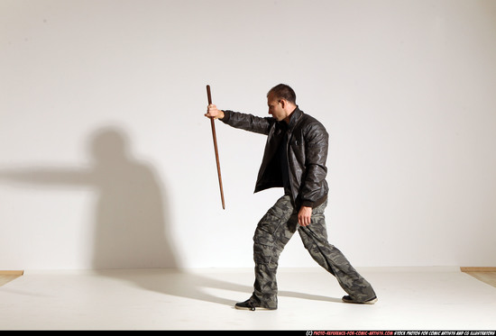 Man Adult Athletic White Fighting with sword Moving poses Casual