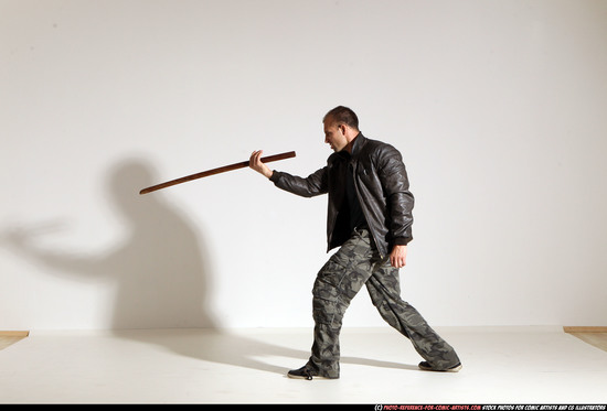 Man Adult Athletic White Fighting with sword Moving poses Casual