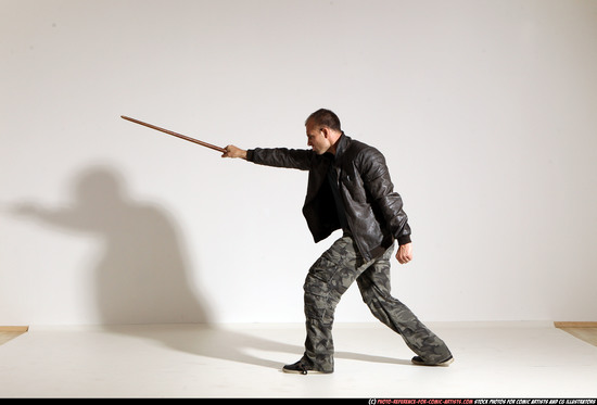 Man Adult Athletic White Fighting with sword Moving poses Casual