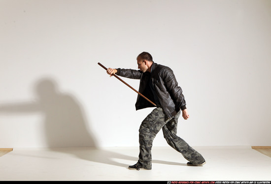 Man Adult Athletic White Fighting with sword Moving poses Casual