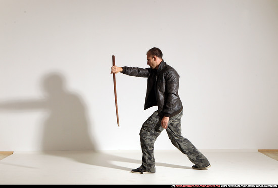 Man Adult Athletic White Fighting with sword Moving poses Casual