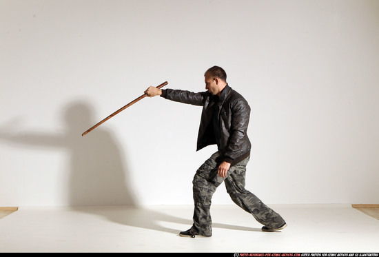 Man Adult Athletic White Fighting with sword Moving poses Casual