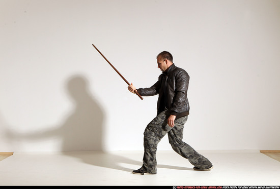 Man Adult Athletic White Fighting with sword Moving poses Casual