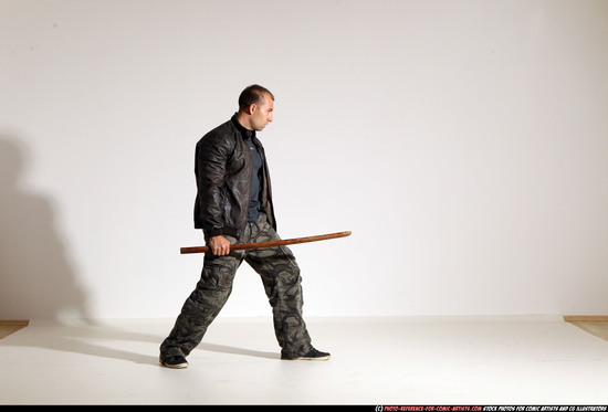 Man Adult Athletic White Fighting with sword Moving poses Casual