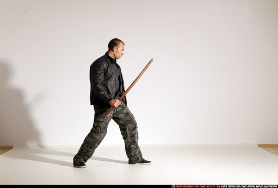 Man Adult Athletic White Fighting with sword Moving poses Casual