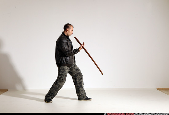 Man Adult Athletic White Fighting with sword Moving poses Casual