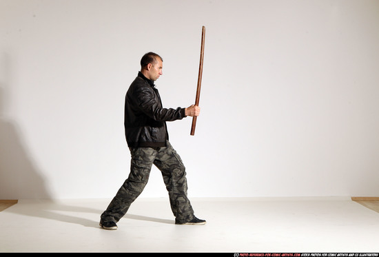 Man Adult Athletic White Fighting with sword Moving poses Casual