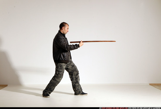 Man Adult Athletic White Fighting with sword Moving poses Casual