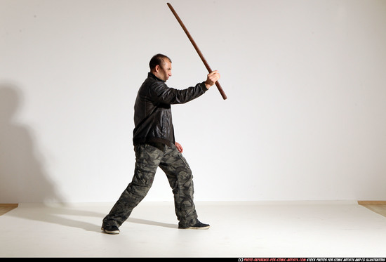 Man Adult Athletic White Fighting with sword Moving poses Casual