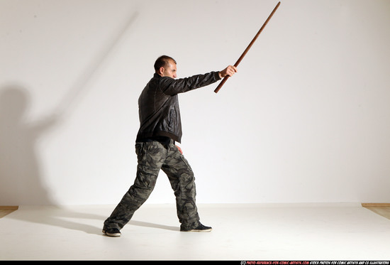 Man Adult Athletic White Fighting with sword Moving poses Casual