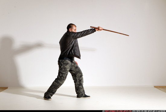 Man Adult Athletic White Fighting with sword Moving poses Casual