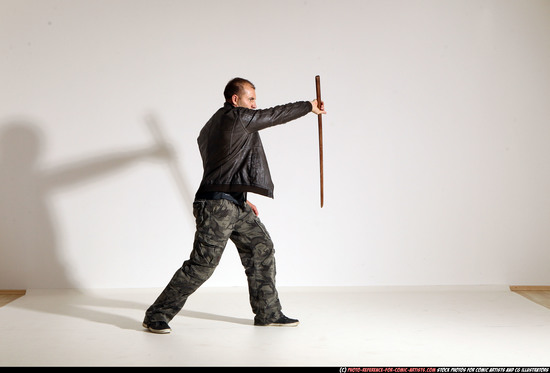 Man Adult Athletic White Fighting with sword Moving poses Casual