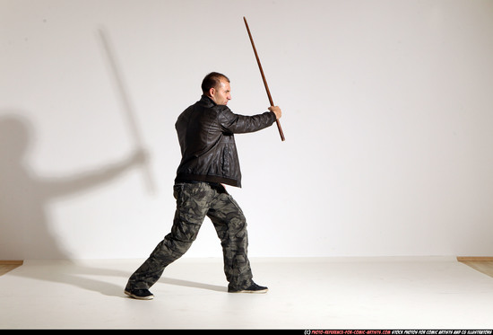 Man Adult Athletic White Fighting with sword Moving poses Casual