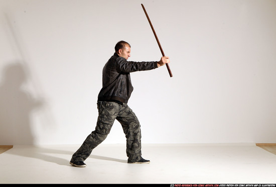 Man Adult Athletic White Fighting with sword Moving poses Casual