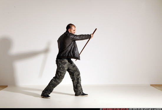 Man Adult Athletic White Fighting with sword Moving poses Casual