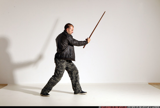 Man Adult Athletic White Fighting with sword Moving poses Casual