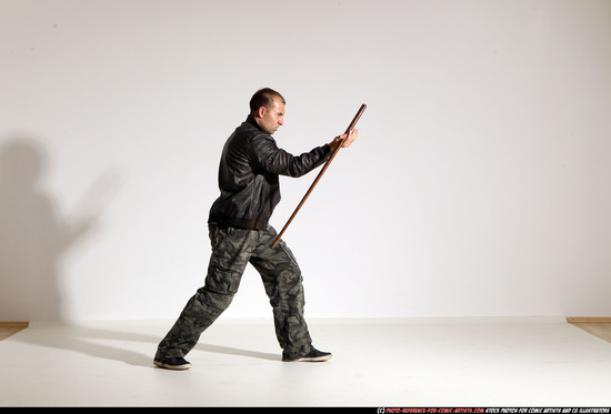 Man Adult Athletic White Fighting with sword Moving poses Casual