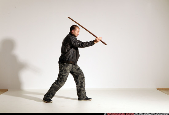 Man Adult Athletic White Fighting with sword Moving poses Casual