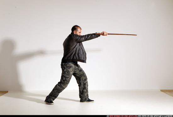 Man Adult Athletic White Fighting with sword Moving poses Casual