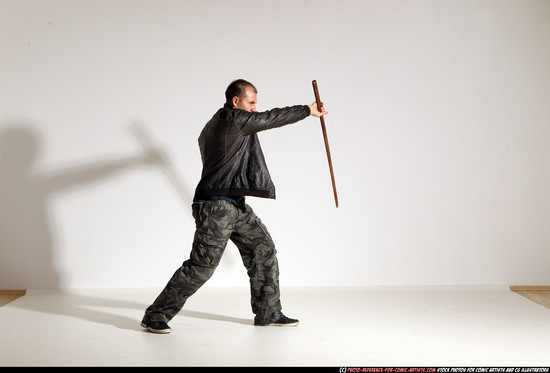 Man Adult Athletic White Fighting with sword Moving poses Casual