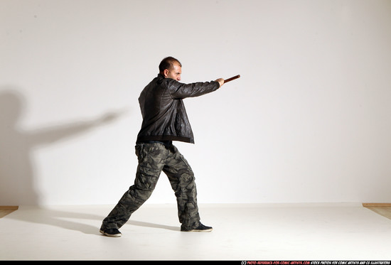 Man Adult Athletic White Fighting with sword Moving poses Casual