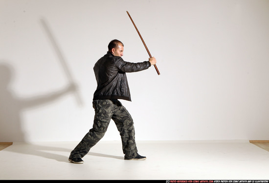 Man Adult Athletic White Fighting with sword Moving poses Casual