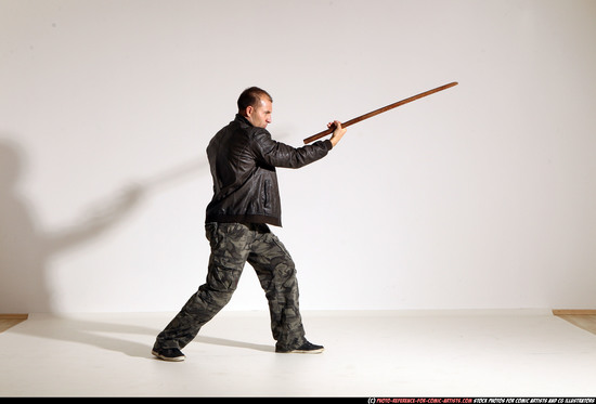 Man Adult Athletic White Fighting with sword Moving poses Casual