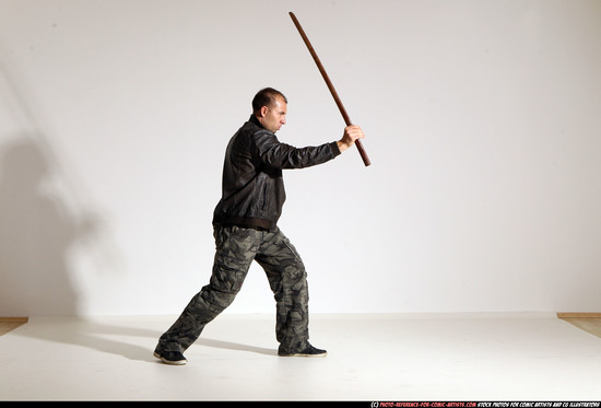 Man Adult Athletic White Fighting with sword Moving poses Casual