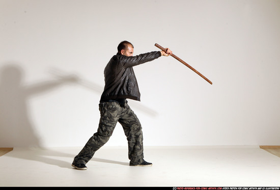 Man Adult Athletic White Fighting with sword Moving poses Casual