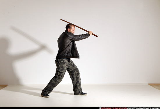 Man Adult Athletic White Fighting with sword Moving poses Casual