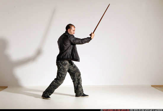 Man Adult Athletic White Fighting with sword Moving poses Casual