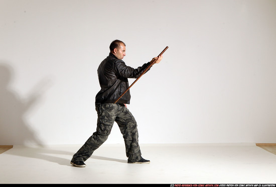 Man Adult Athletic White Fighting with sword Moving poses Casual