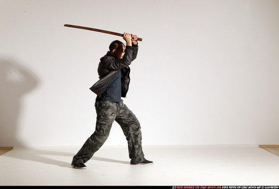 Man Adult Athletic White Fighting with sword Moving poses Casual