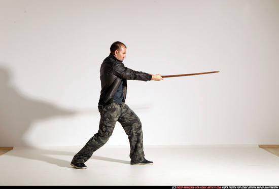 Man Adult Athletic White Fighting with sword Moving poses Casual