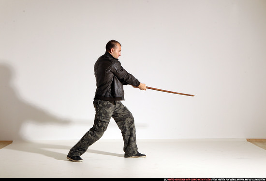 Man Adult Athletic White Fighting with sword Moving poses Casual