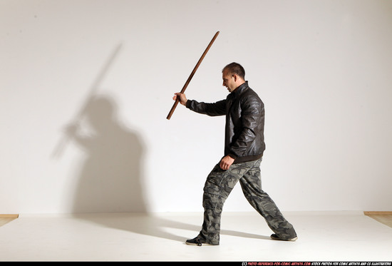 Man Adult Athletic White Fighting with sword Moving poses Casual