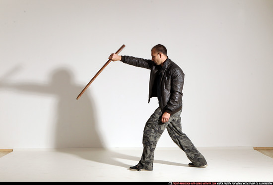 Man Adult Athletic White Fighting with sword Moving poses Casual