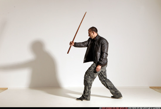 Man Adult Athletic White Fighting with sword Moving poses Casual