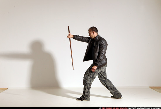 Man Adult Athletic White Fighting with sword Moving poses Casual