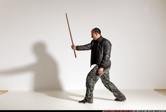 Man Adult Athletic White Fighting with sword Moving poses Casual